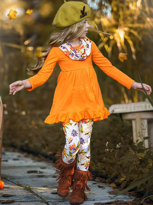 Mia Belle Girls Fancy Fall Florals Tunic, Leggings and Scarf Set