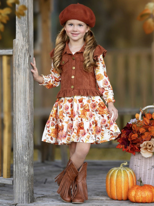 Mia Belle Girls Autumn Floral Faux Suede Vest Dress Set