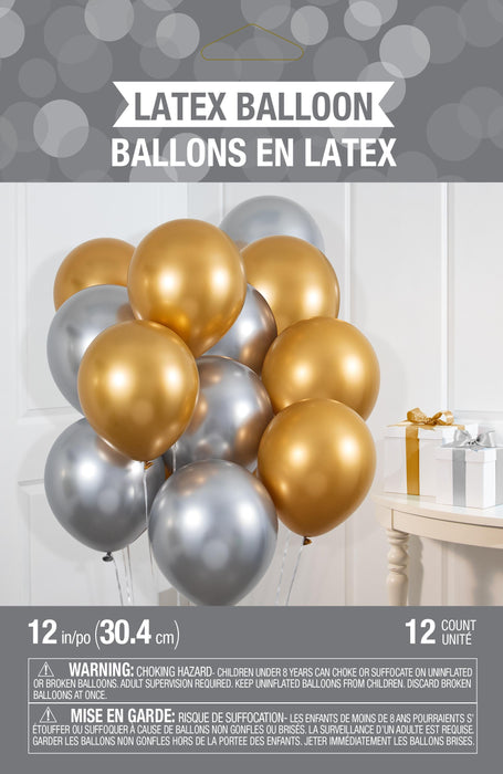 Party Decorations Birthday Latex Balloons 12" Silver Gold Metallic 12ct