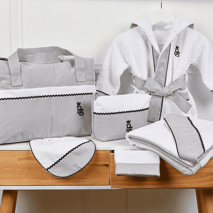 Bebe Sweeny PETIT MARIN | White & Grey Hooded Towel & Washcloth (2)