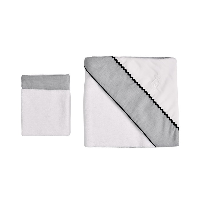 Bebe Sweeny PETIT MARIN | White & Grey Hooded Towel & Washcloth (2)