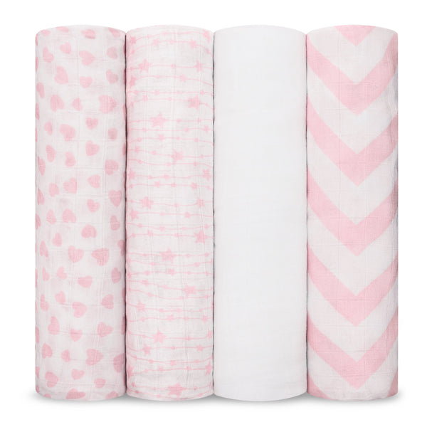 Comfy Cubs Baby Muslin Swaddle Blankets, 4 Pack - Pink