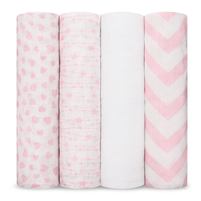 Comfy Cubs Baby Muslin Swaddle Blankets, 4 Pack - Pink