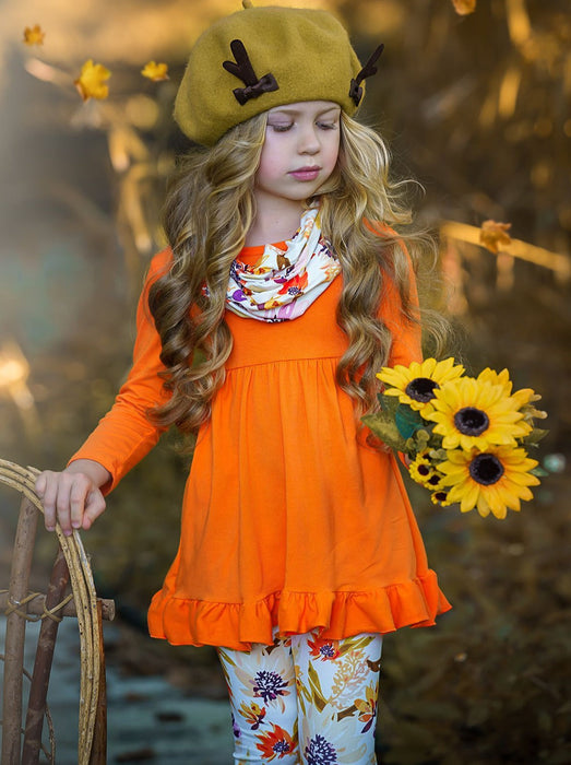 Mia Belle Girls Fancy Fall Florals Tunic, Leggings and Scarf Set