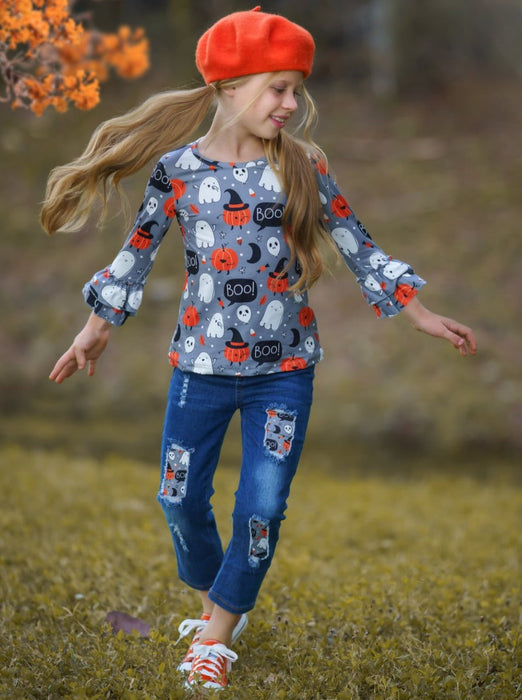 Mia Belle Girls Hey Boo Top and Patched Jeans Set