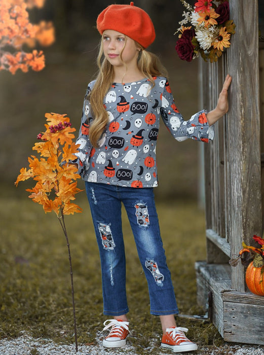 Mia Belle Girls Hey Boo Top and Patched Jeans Set