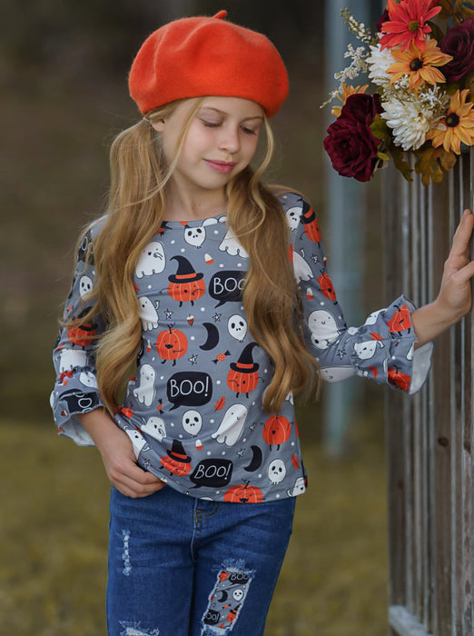 Mia Belle Girls Hey Boo Top and Patched Jeans Set