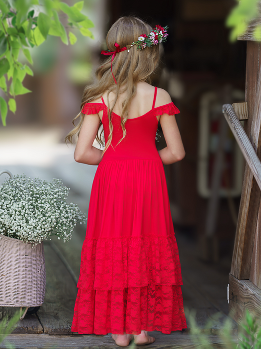 Mia Belle Girls Ruby Red Tiered Lace Ruffle Maxi Dress