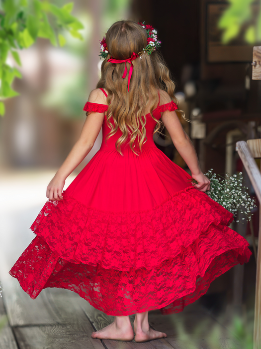 Mia Belle Girls Ruby Red Tiered Lace Ruffle Maxi Dress