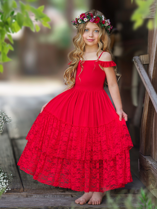 Mia Belle Girls Ruby Red Tiered Lace Ruffle Maxi Dress