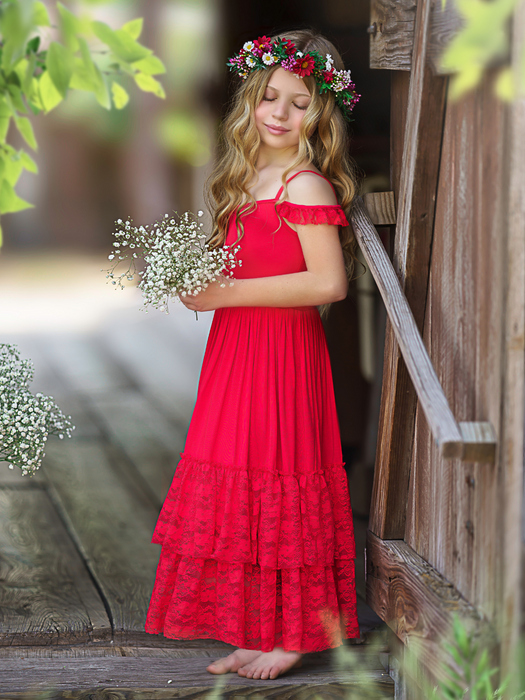 Mia Belle Girls Ruby Red Tiered Lace Ruffle Maxi Dress
