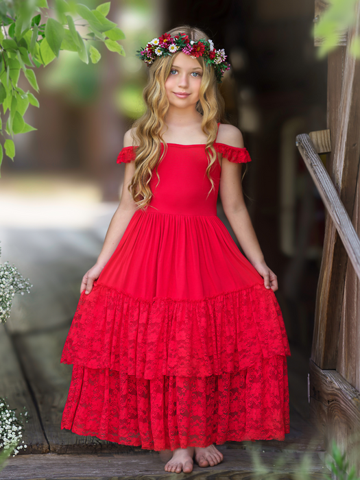 Mia Belle Girls Ruby Red Tiered Lace Ruffle Maxi Dress