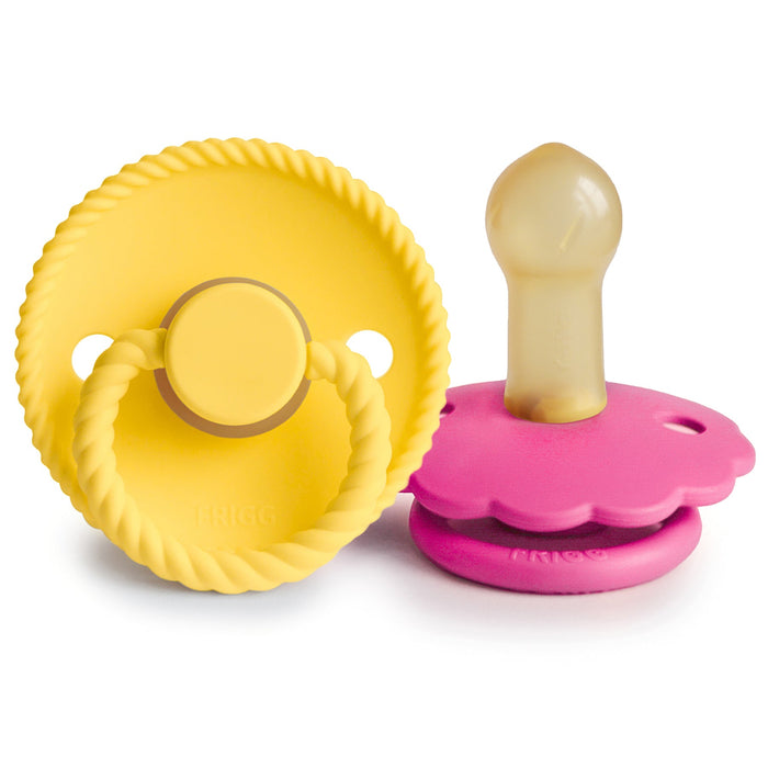 Mushie FRIGG Rope/Daisy Natural Rubber Pacifier (Sunflower/Fuchsia) 2-Pack (6-18 Months)