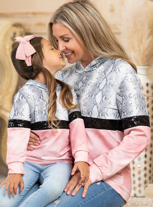 Mia Belle Girls Mommy and Me Snakeskin Sparkle Hoodie Sweater