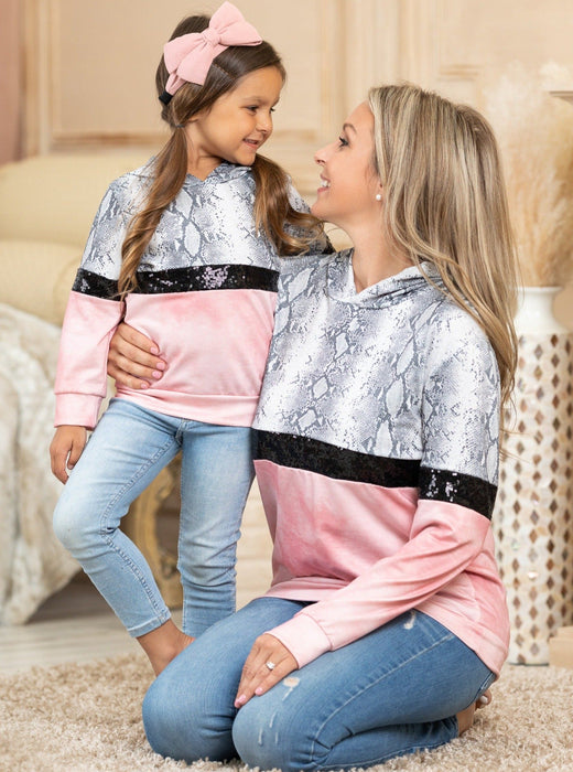 Mia Belle Girls Mommy and Me Snakeskin Sparkle Hoodie Sweater