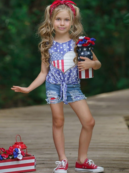 Mia Belle Girls American Vintage Patched Denim Shorts Set