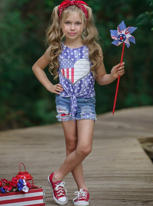 Mia Belle Girls American Vintage Patched Denim Shorts Set