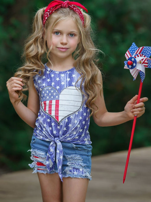 Mia Belle Girls American Vintage Patched Denim Shorts Set