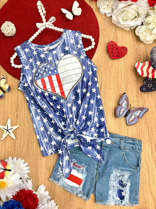 Mia Belle Girls American Vintage Patched Denim Shorts Set