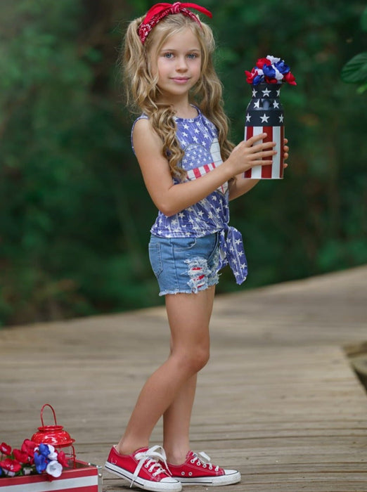 Mia Belle Girls American Vintage Patched Denim Shorts Set