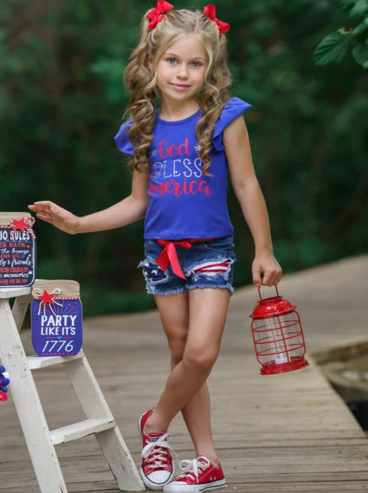 Mia Belle Girls God Bless America Patched Denim Shorts Set