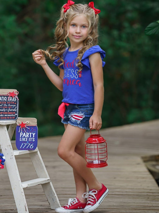 Mia Belle Girls God Bless America Patched Denim Shorts Set