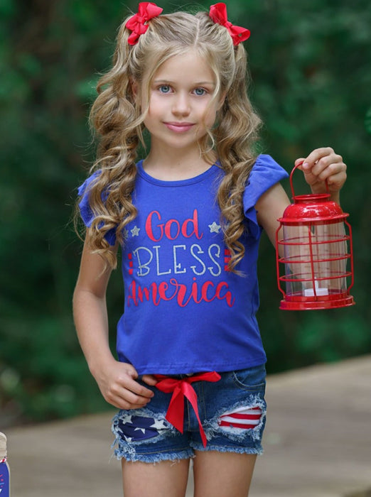 Mia Belle Girls God Bless America Patched Denim Shorts Set