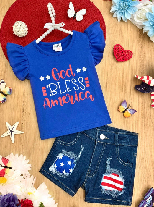 Mia Belle Girls God Bless America Patched Denim Shorts Set