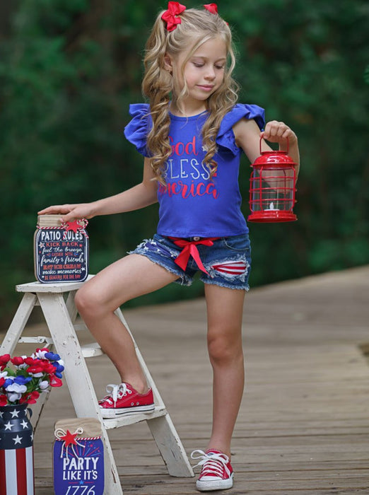 Mia Belle Girls God Bless America Patched Denim Shorts Set