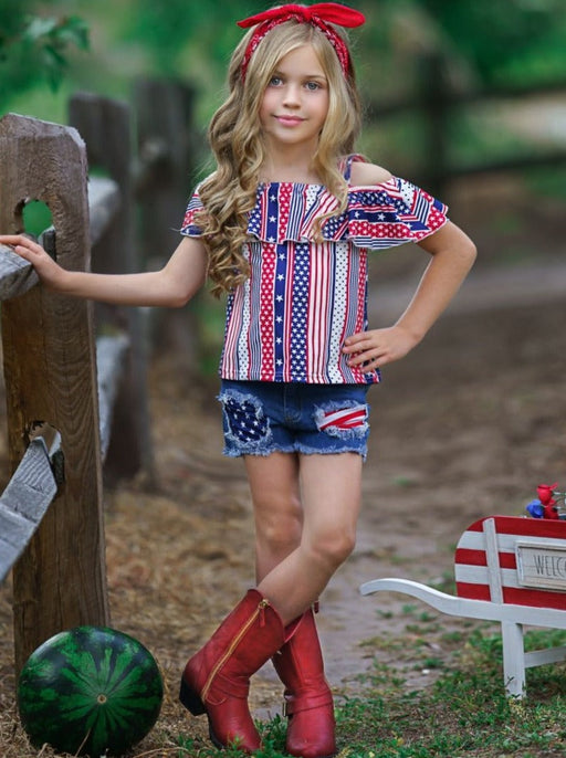 Mia Belle Girls Stars and Stripes Patched Denim Shorts Set