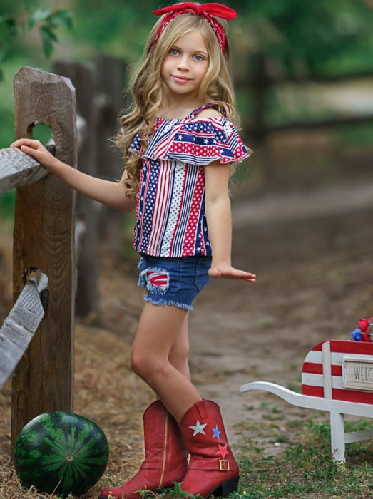 Mia Belle Girls Stars and Stripes Patched Denim Shorts Set