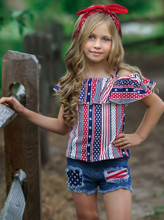 Mia Belle Girls Stars and Stripes Patched Denim Shorts Set