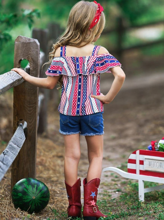 Mia Belle Girls Stars and Stripes Patched Denim Shorts Set