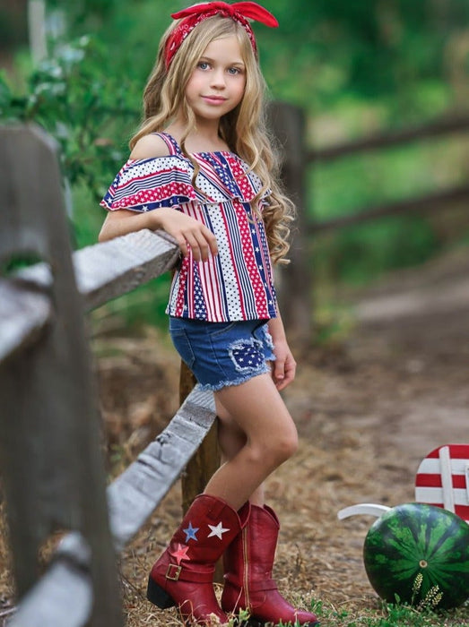 Mia Belle Girls Stars and Stripes Patched Denim Shorts Set