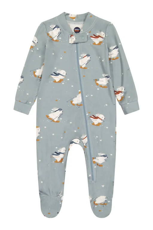 Bird & Bean Footed Bamboo One Piece Zip Pajama - Snow Bunny