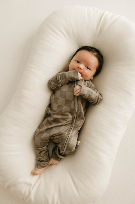 forever french baby Bamboo Zip Pajamas  | Faded Brown Checkerboard