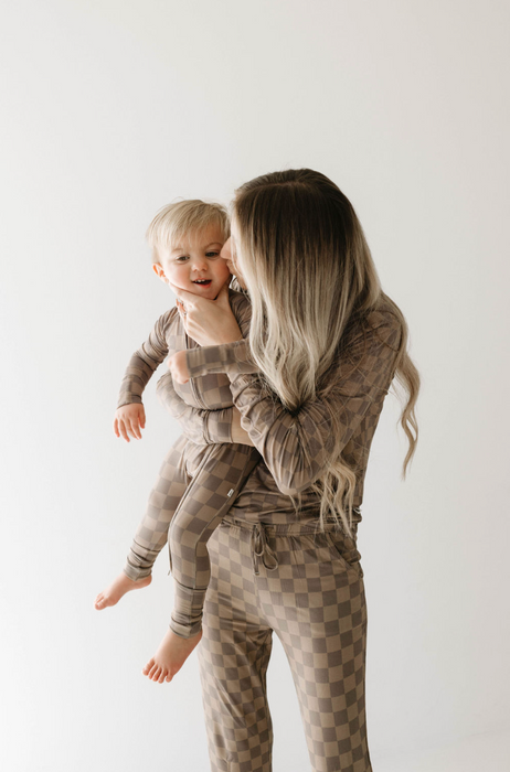 forever french baby Bamboo Zip Pajamas  | Faded Brown Checkerboard