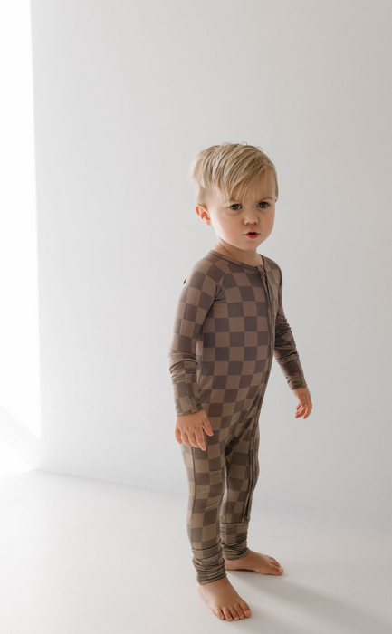 forever french baby Bamboo Zip Pajamas  | Faded Brown Checkerboard