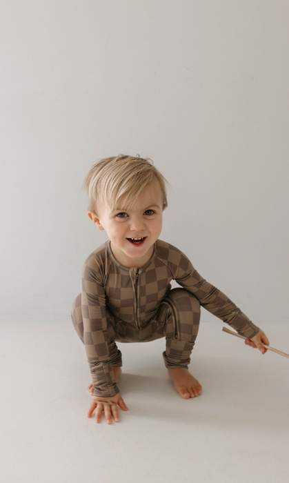 forever french baby Bamboo Zip Pajamas  | Faded Brown Checkerboard