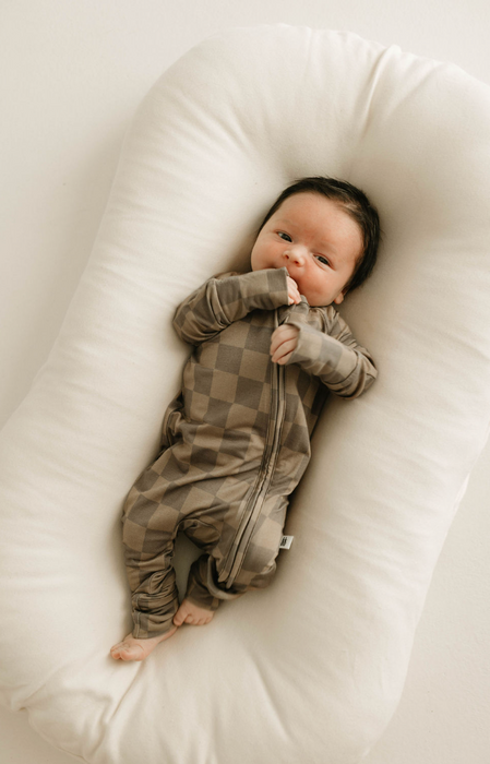 forever french baby Bamboo Zip Pajamas  | Faded Brown Checkerboard