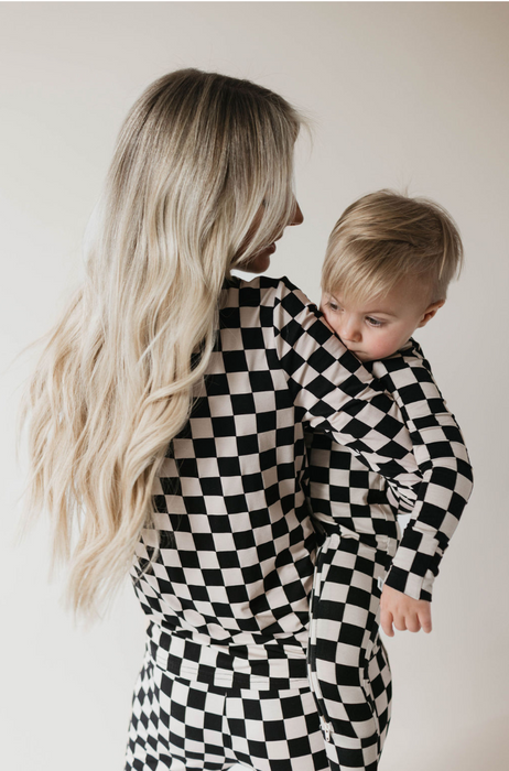 forever french baby Bamboo Zip Pajamas | Black Checkerboard