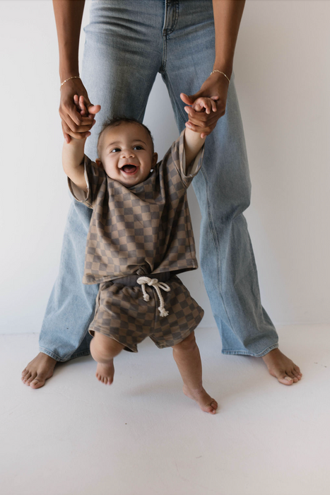 forever french baby Children's Sweat Short Set |  Faded Brown Checkerboard