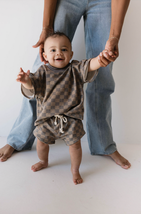 forever french baby Children's Sweat Short Set |  Faded Brown Checkerboard