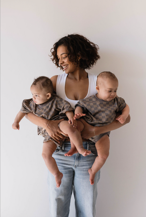 forever french baby Children's Sweat Short Set |  Faded Brown Checkerboard