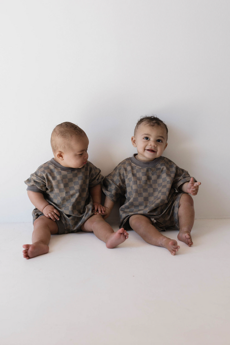 forever french baby Children's Sweat Short Set |  Faded Brown Checkerboard