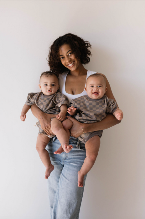 forever french baby Children's Sweat Short Set |  Faded Brown Checkerboard