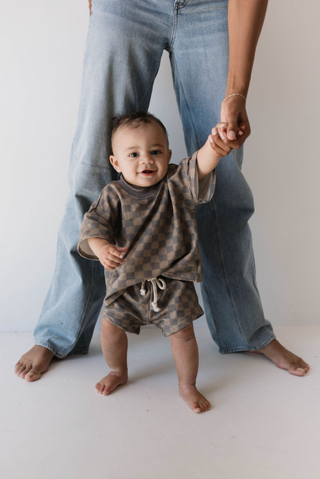 forever french baby Children's Sweat Short Set |  Faded Brown Checkerboard