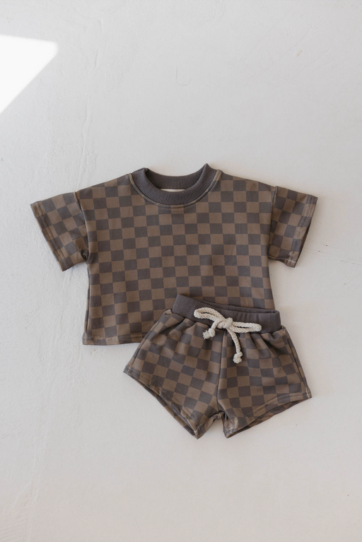 forever french baby Children's Sweat Short Set |  Faded Brown Checkerboard