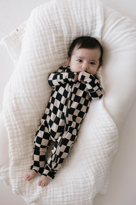 forever french baby Bamboo Zip Pajamas | Black Checkerboard