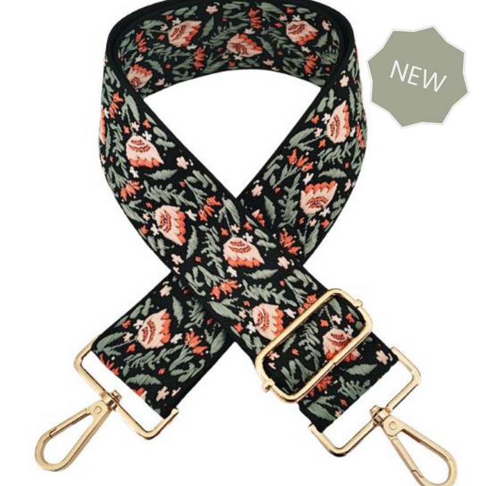 Poppy Black Floral Crossbody Bag Strap (Gold)